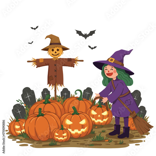 A vibrant 2D flat vector illustration depicts a smiling witch picking pumpkins of various sizes in a cheerful patch, with a friendly scarecrow standing prominently on a clean white background.