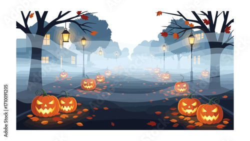 Spooky Halloween Lane: A vibrantly illuminated Halloween scene, with carved pumpkins lining a misty lane, the flickering light casting an eerie glow over the tranquil neighborhood.