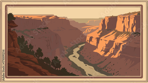 Vintage Canyon Landscape River Cliffs Desert Nature Scene Illustration Poster Design Travel Western Scenic View Artistic Retro Style Graphic Artwork Canyon Walls High Cliffs River.