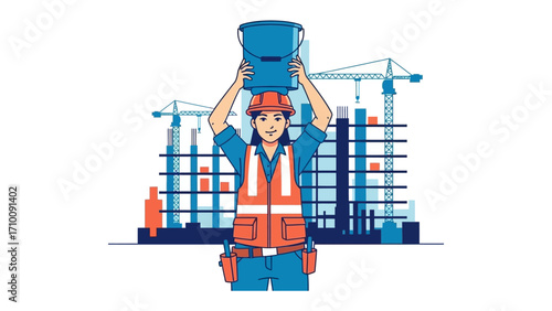 Construction Worker and Construction Site: A skilled construction worker is expertly positioned, actively working on a skyscraper, showcasing architectural prowess.