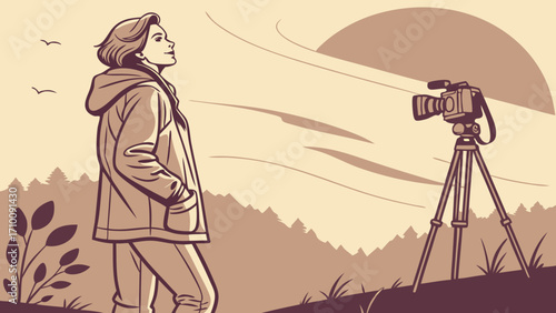 Vintage illustration of a photographer in nature with camera on tripod.