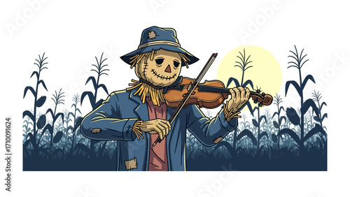 Scarecrow's Serenade: A heartwarming illustration captures a scarecrow in a sunlit cornfield, engrossed in a melodic violin performance