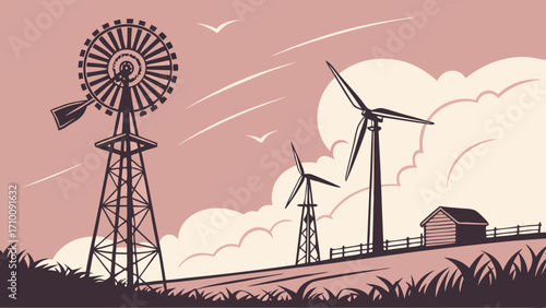 Vintage Windmill and Modern Wind Turbines on a Hilltop Rural Landscape Illustration.