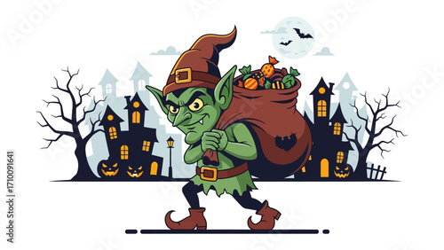 Spooky Goblin's Halloween Haul: A mischievous goblin, a figure of Halloween, struts through a creepy, haunted neighborhood with a bag filled with goodies.