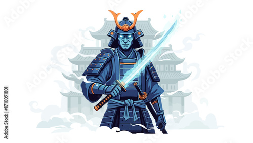 Ancient Samurai Warrior: A fearless samurai warrior, armed with a glowing katana, stands poised, embodying discipline and honor. The samurai's attire is a vivid depiction of the past.