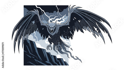 Mythic Storm Owl: A digital artwork showcases a formidable owl creature in a storm, wings dramatically spread, embodying both power and the elements.