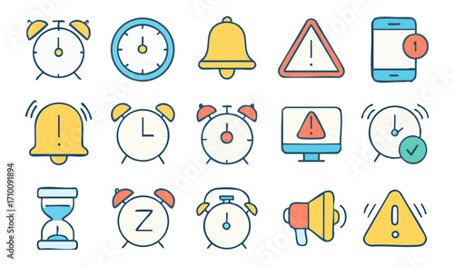 Alarm Clock and Warning Notification Icon Set, Isolated Background. Simple Illustration Representing Time Management and Alerts