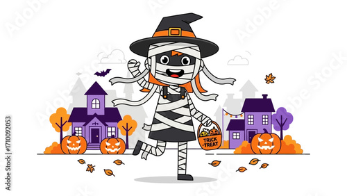 Spooky Mummy Girl's Halloween: A cute illustrated mummy girl with an enchanting Halloween night, holding a treat bucket.