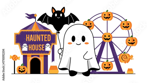 Whimsical Halloween Carnival Scene: A charming cartoon ghost, gleefully clutching a bat-shaped balloon, is surrounded by festive elements like a haunted house and a pumpkin-adorned Ferris wheel.