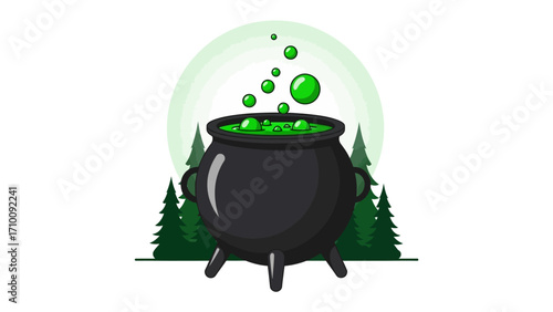 Mystic Cauldron of Mystery: A bewitching cauldron bubbles with an emerald brew against a forest backdrop, hinting at potent potions and the secrets they hold.