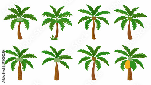 Collection of eight cartoon palm trees with coconuts and one with a yellow fruit