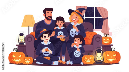 Halloween Family Gathering: A family portrait in cozy environment and Halloween costumes with pumpkins decoration, celebrating the spirit of Halloween.