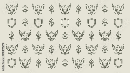 Repeating pattern of eagles branches and shields in a simple line art style on a light background