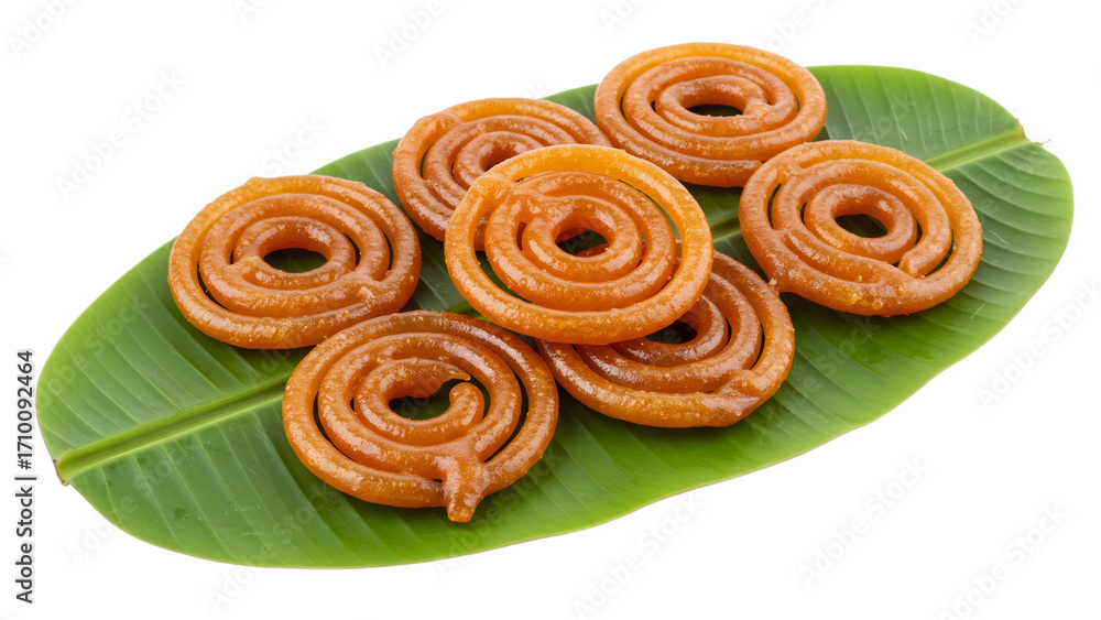 Fototapeta premium Pile of jalebi indian sweets on a banana leaf isolated on transparent background