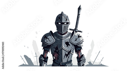 Knight in Armor: A valiant knight stands, ready for battle in shining armor with a sword, symbolizing courage and bravery in medieval times.