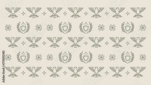 Repeating pattern of eagles, shields with wreaths, and stars on a light beige background design element