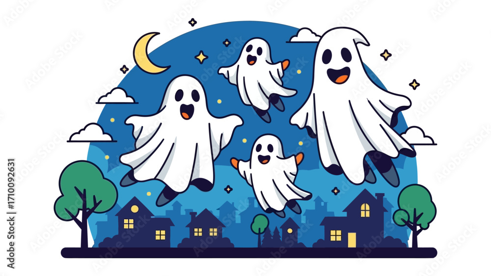 Obraz premium Spooky Ghosts in the Night: A whimsical illustration capturing a group of playful ghosts soaring joyfully against a backdrop of a starry night.