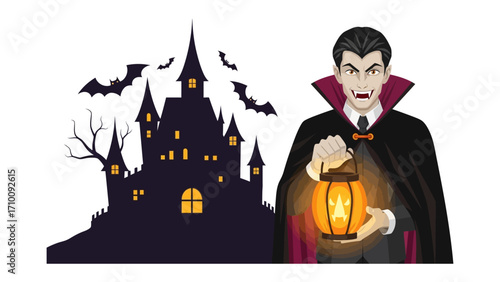 Shadows of Mystery: A chilling Halloween illustration of a sinister vampire holding a lantern, with a haunted castle silhouette under a night sky, evoking a sense of eerie suspense and gothic dread.