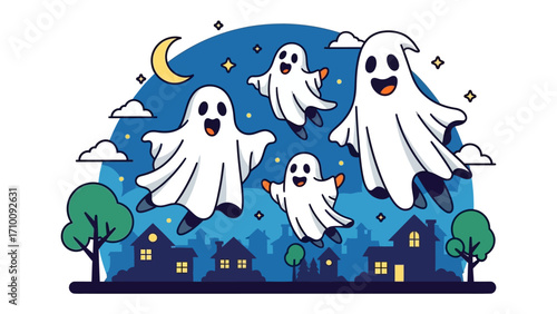 Spooky Ghosts in the Night: A whimsical illustration capturing a group of playful ghosts soaring joyfully against a backdrop of a starry night.
