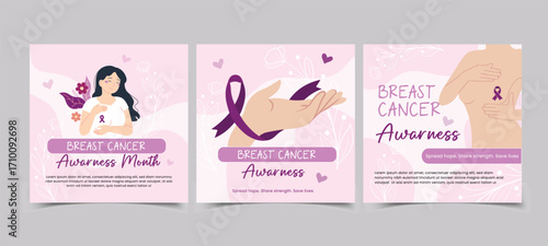 pink purple ribbon breast cancer awareness month social media post design template set