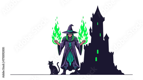 Wizard's Magical Domain: A captivating illustration features a formidable wizard in ornate attire, summoning vibrant green energy with her outstretched hands.