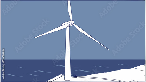 Wind Turbine illustration Offshore Energy Clean Power Generator Coastal Scene Graphic Design Element.
