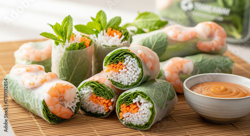 Fresh Vietnamese spring rolls with shrimp and vegetables, ready to delight your taste buds with their vibrant colors and healthy ingredients, perfect for a light lunch or appetizer
