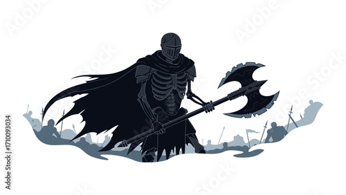 Grim Silhouette of a Warrior: A haunting silhouette of a skeletal warrior stands resolute, wielding a menacing axe as a legion of silhouettes fades into the distant horizon.