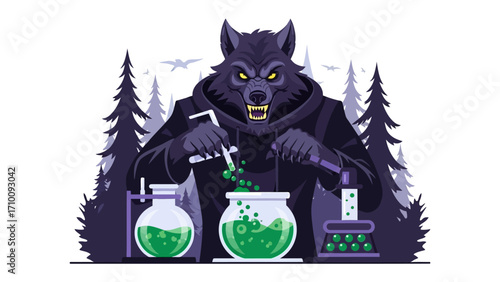 Werewolf Scientist's Potion: A formidable werewolf scientist meticulously crafts a mysterious green potion within a forest laboratory, creating an air of enchanting mystery.