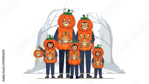 Spirited Halloween Family Gathering: A delightful family unit, their bodies enveloped in whimsical pumpkin costumes, gathering for a festive, spirited Halloween celebration. 