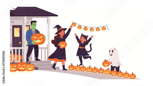 Halloween Family Celebration: Illustration depicts a cheerful family joyfully decorating their home for Halloween, featuring costumes, carved pumpkins, and festive garland. 