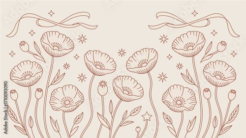 Floral line art illustration featuring poppies stars and ribbons in a symmetrical arrangement design