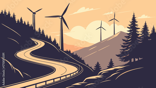 Wind Turbines Mountain Road Sunset Landscape Nature Illustration Green Energy Concept.