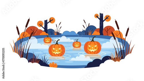 Enchanting Halloween Scene: A whimsical illustration capturing a festive Halloween atmosphere, with Jack-o'-lanterns floating in a serene pond, surrounded by autumnal trees.