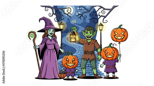 Spooky Halloween Gathering: A vibrant illustration captures the essence of Halloween with a whimsical witch, mischievous goblin, and grinning pumpkin characters, all ready to celebrate the holiday.