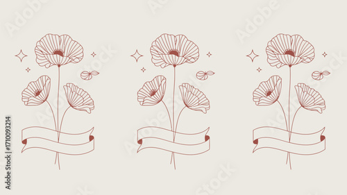 Three floral arrangements with poppies stars and ribbons in a repeating pattern on a light background