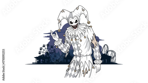 Nightmare Jester: A menacing jester, clad in a tattered, unsettling outfit, grins wickedly before the silhouetted amusement park landscape.