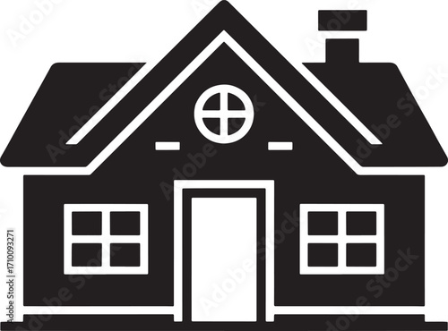 Black and White Silhouette of Symmetrical House with Chimney