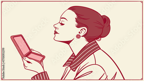 Woman applying makeup vintage style illustration profile view compact mirror blush elegant red tones retro art beauty cosmetics fashion make-up artist graphic design line art illust.
