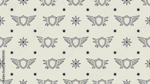 Seamless pattern featuring winged shields and stars on a light background creating a repeat design
