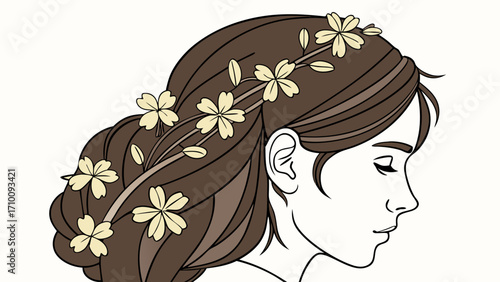 Womans profile with flowers in hair elegant illustration feminine design beauty artwork hair styling floral arrangement side view simple line art vector graphic spring theme nature insp.