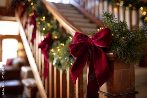 Holiday decor is displayed along the banister of stairs.