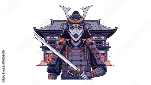 Warrior of the Rising Sun: A formidable samurai stands proudly, a symbol of valor, clad in intricate armor and brandishing a gleaming katana against the backdrop of a traditional temple.