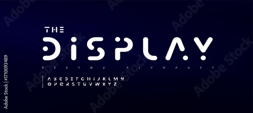 Futuristic geometric font bold minimalistic rounded alphabet with sleek tech aesthetics, merging cyber, digital, sci-fi and AI vibes into modern typeface for HUD, UI display. Vector typeset