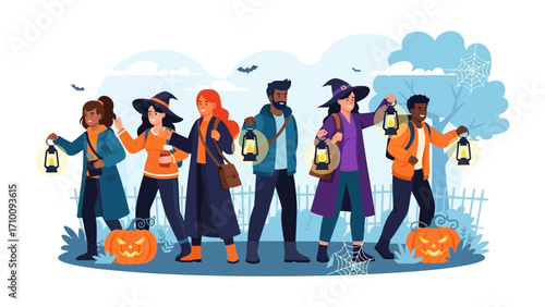 Halloween Gather: A group of friends embarks on a spooky night, carrying lanterns and dressed in costumes, with a festive mood and grinning pumpkins. 