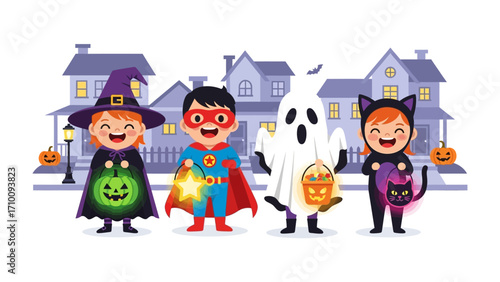 Costumed Kids' Halloween: A playful illustration capturing a group of young children dressed in whimsical Halloween costumes ready for trick-or-treating.