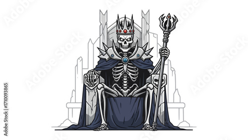 Undead King on Throne: An imposing skeletal king sits regally upon an ornate throne, cloaked in regal attire and adorned with a crown and scepter. A compelling visual story of mortality, power.