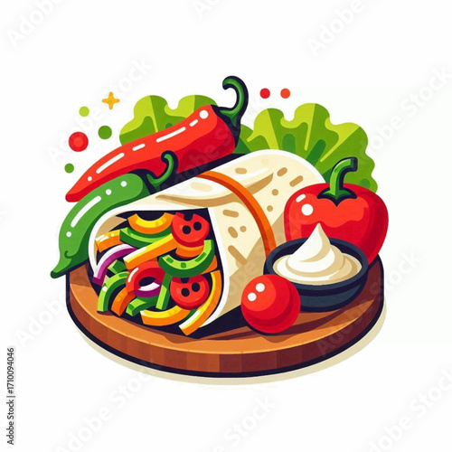 A vibrant shawarma wrap on a wooden platter with peppers and condiments