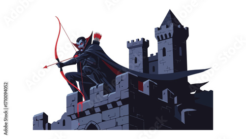 Guardian of the Fortress: A mysterious figure, cloaked in shadow, stands poised atop the fortress walls, bow drawn, as the sun sets, a silent sentinel, guarding its domain.