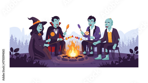 Halloween Gathering around Campfire: A whimsical illustration of Halloween characters gathered around a crackling campfire, sharing stories and roasting marshmallows in a spooky yet friendly ambiance.